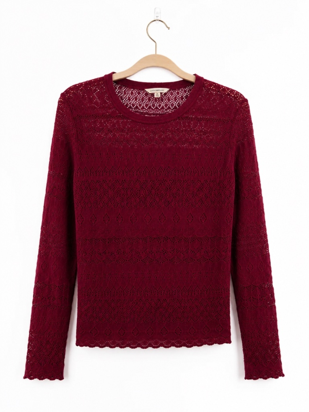 NWT Lucky Brand 100% Cotton Lace Knit Top Wine Burgundy M Boho Romantic